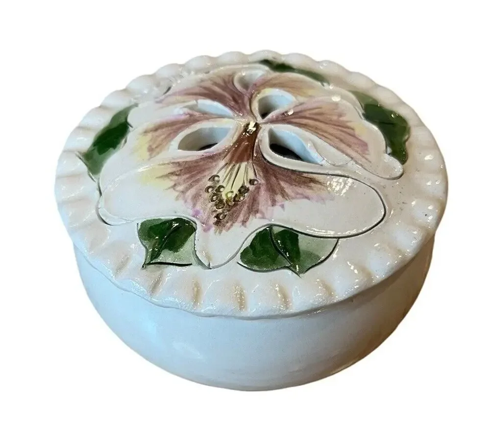 Ally Looz Trinket Box Orchid Cutouts Porcelain 3” Wide Lidded Purple White VTG